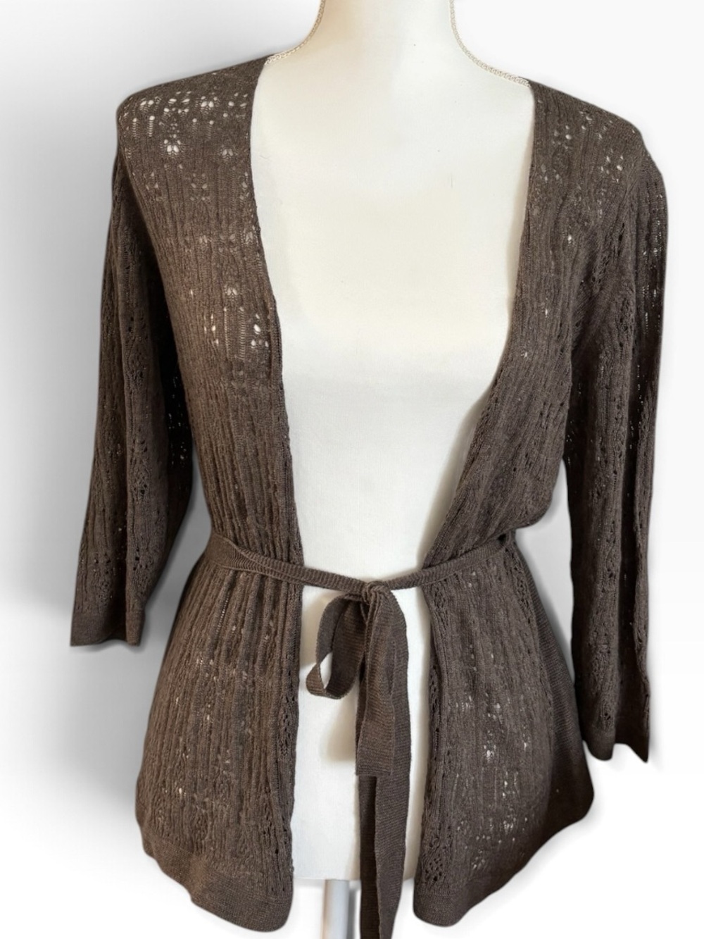 Eileen Fisher Chocolate Brown Open-Front Knit Belted Cardigan
